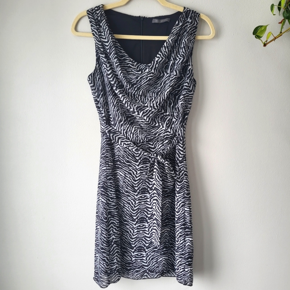 Suzy shier zebra print sheer lined above knee sleeveless cowl neckline dress Sm